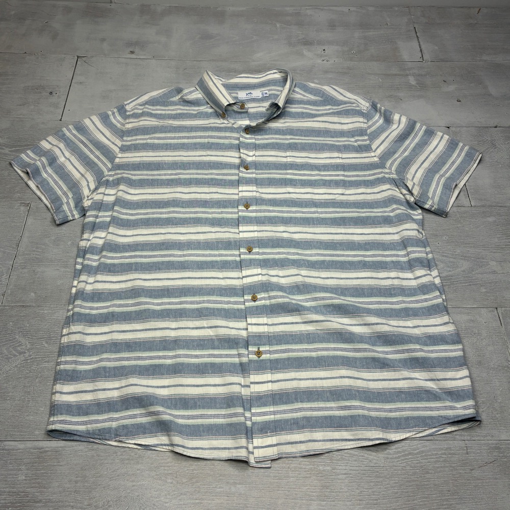 Southern Tide Shirt Mens XXL Blue White Striped Linen Blend Short Sleeve 10630